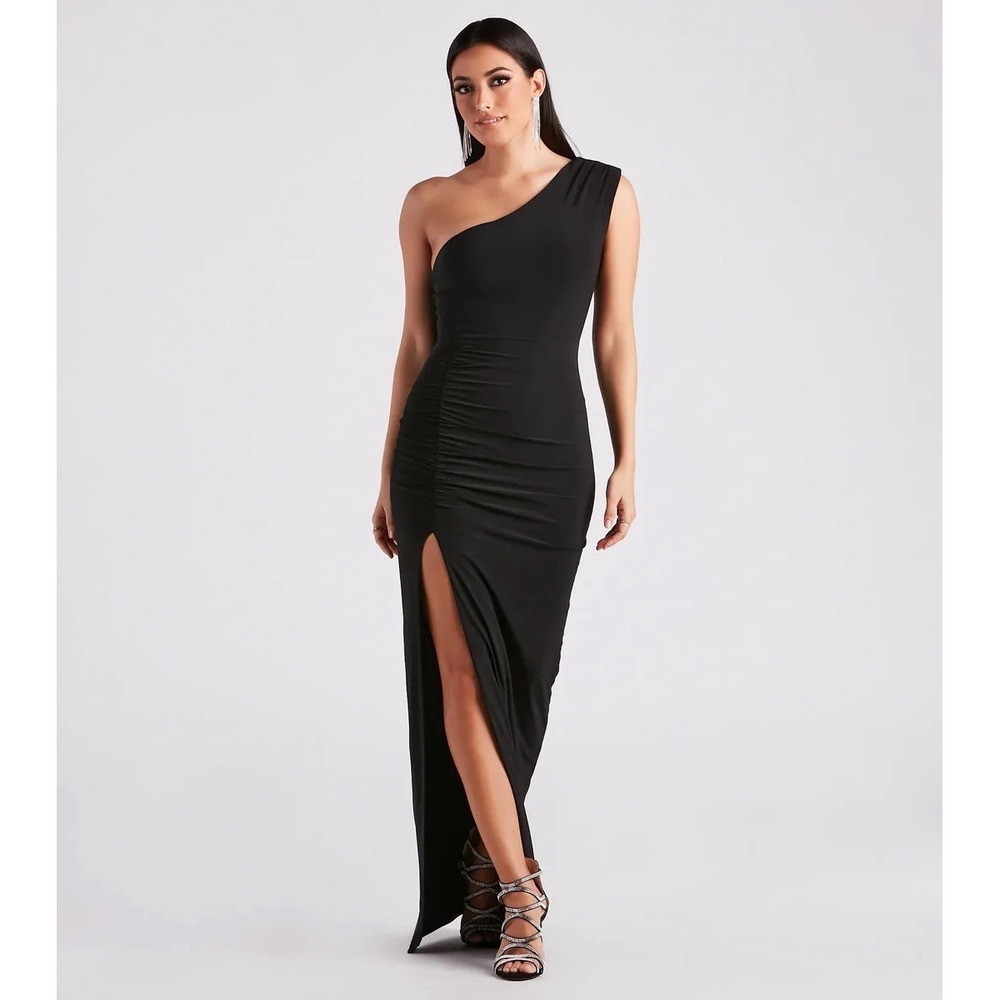 Windsor Elia One Shoulder Slit Maxi Dress‎ Black Prom Wedding Guest M NWT